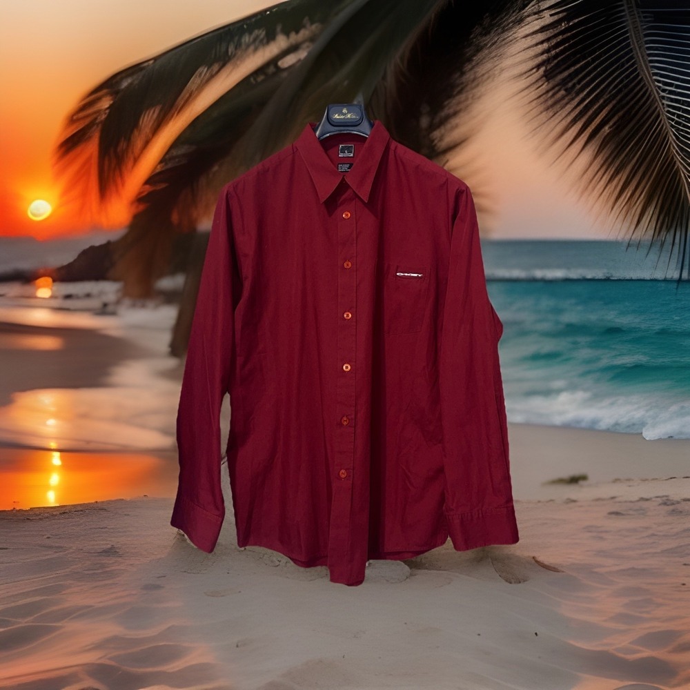 Oakley Shirt Men L Dark Red Long‎ Sleeve Point Collar Metal Logo